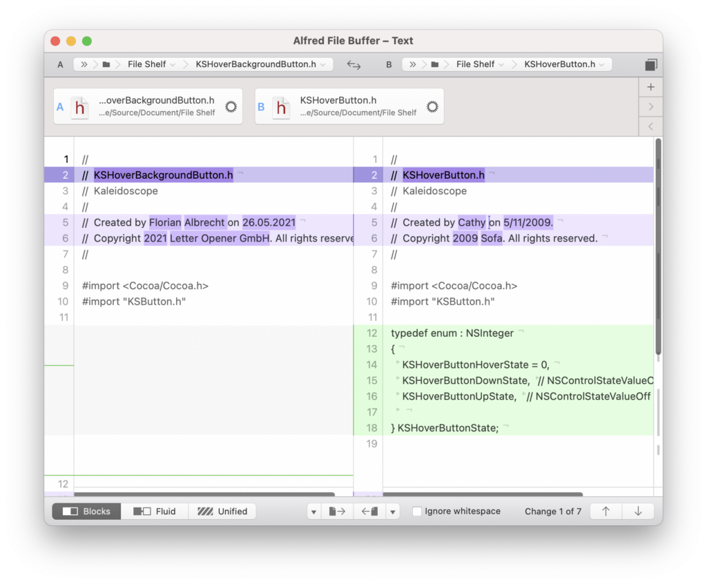 Two Objective-C header files compared via the Alfred workflow for Kaleidoscope.